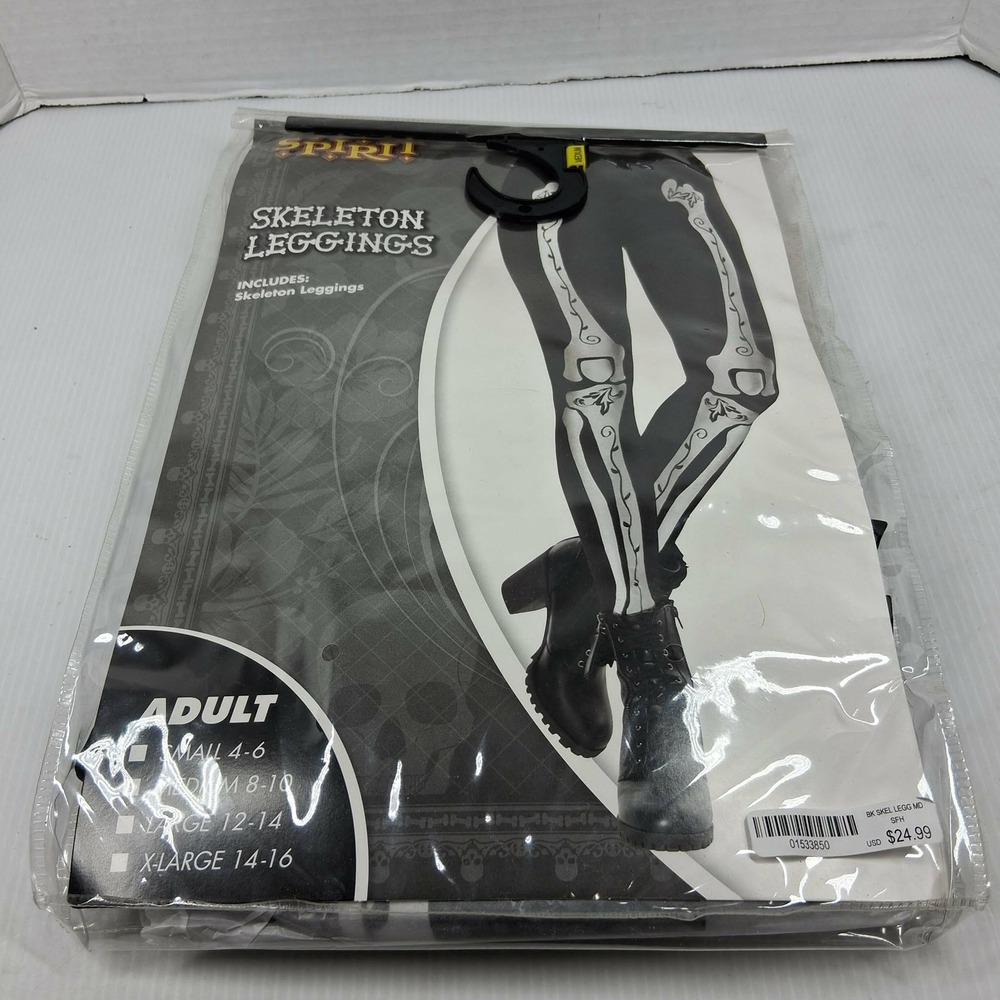 Spirit Halloween Skeleton Leggings Adult Medium Black Silver Metallic Bone Print